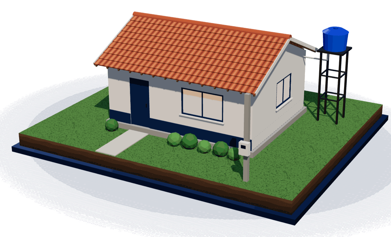 Ilustração de uma casa térrea pronta, com paredes brancas, telhado de telha cerâmica e caixa d'água azul
